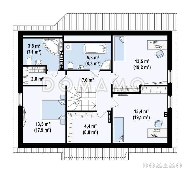 Проект одноэтажного дома из кирпича с мансардой облицованной натуральным деревом со встроенным гаражом / План мансардного этажа