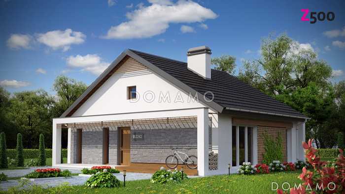 Проект компактного одноэтажного дома из кирпича с двумя спальнями, светлой просторной дневной зоной и большой открытой террасой