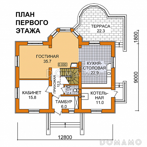 Проект двухэтажного дома из пеноблоков до 200 м.кв / План 1 этажа