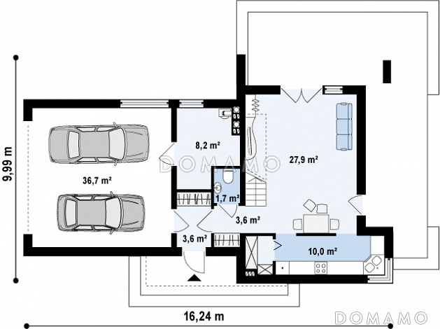 Проект современного двухэтажного дома из кирпича с тремя спальнями, пристроенным гаражом и террасой над ним / План 1 этажа