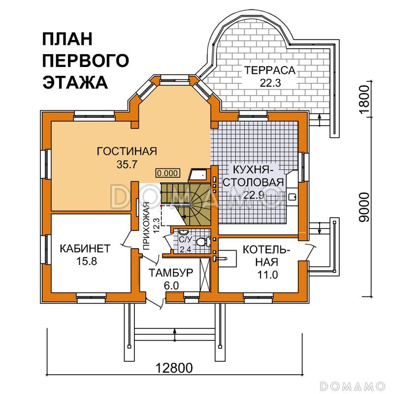 Проект двухэтажного дома из пеноблоков до 200 м.кв / План 1 этажа