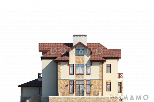 Проект дома с бассейном и просторной комнатой отдыха в цокольном этаже, сауной, гаражом на два автомобиля, открытой террасой, столовой с эркером / Фасад 2