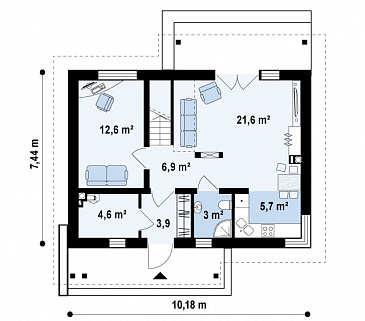 Проект компактного одноэтажного мансардного дома из кирпича с кабинетом и тремя спальнями / План 1 этажа