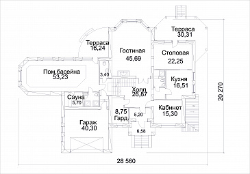 Проект дома из кирпича с бассейном и сауной на первом этаже / План 1 этажа