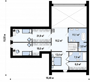 Проект современного одноэтажного мансардного дома из газобетона с панорамным остеклением, вторым светом и с гаражом  / План мансардного этажа