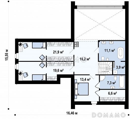 Проект современного одноэтажного мансардного дома из газобетона с панорамным остеклением, вторым светом и с гаражом  / План мансардного этажа