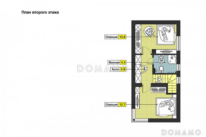 Проект дома с  крытой террасой, дровником, гостиной с камином, парной, двумя спальнями на мансардном этаже / План мансардного этажа