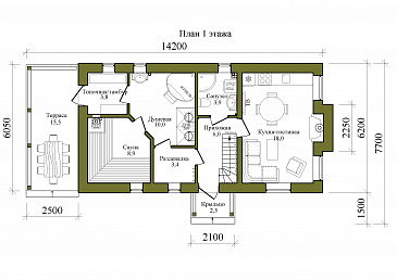 Проект одноэтажной бани с террасой и мансардой / План 1 этажа