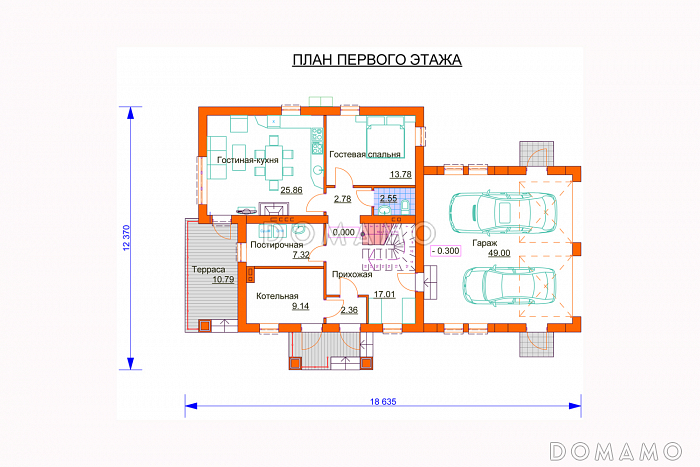 Проект дома с гаражом на две машины, просторной кухней-гостиной с выходом на террасу, гостевой спальней на первом этаже, балконами / План 1 этажа