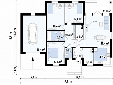 Проект одноэтажного дома из газобетона с тремя спальнями, угловым окном в кухне и гаражом / План 1 этажа