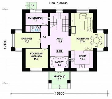 Проект двухэтажного особняка с тремя спальными комнатами и комнатой для гостей / План 1 этажа