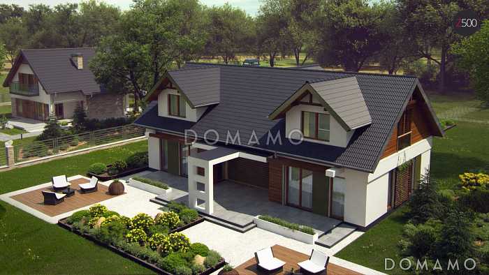 Проект одноэтажного двухквартирного дома из кирпича с мансардным этажом и общим входом