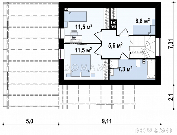 Проект компактного одноэтажного мансардного дома из кирпича с дополнительной спальней на первом этаже и большой крытой террасой / План мансардного этажа