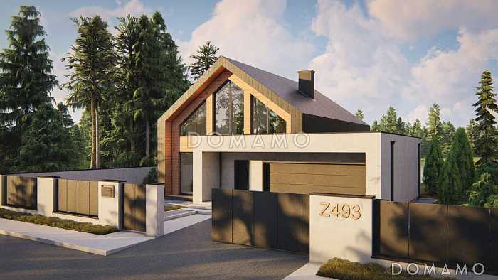 Проект загородного дома с панорамным остеклением, кабинетом, просторной гостиной, гаражом на 2 машины