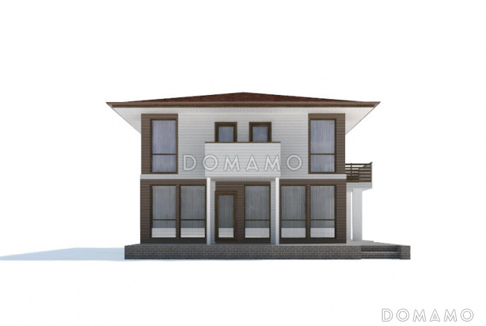 Проект современного дома из клееного бруса с двумя небольшими балконами на втором этаже