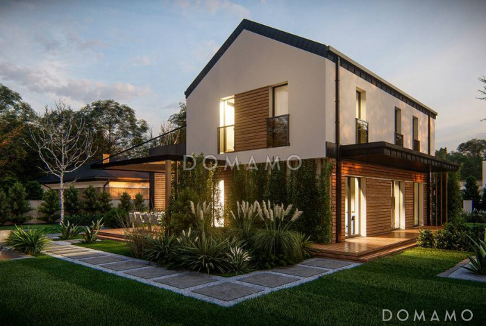 Проект двухэтажного дома с гаражом и террасой над ним, кухней с двумя окнами, кладовой