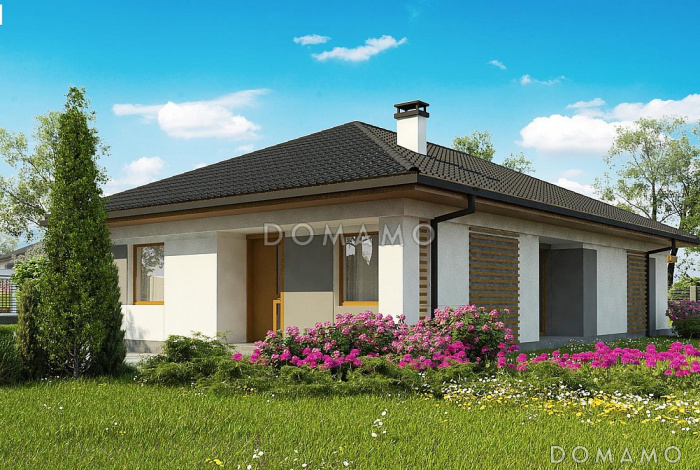 Проект одноэтажного дома из кирпича с тремя спальнями и крытой террасой