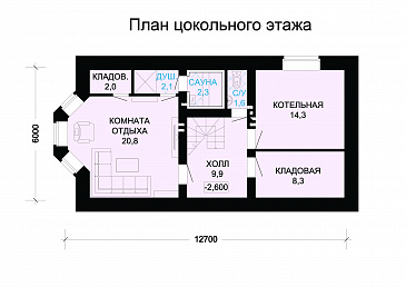 Проект гармоничного, кирпичного дома с эркером, сауной и коричневой крышей / План цокольного этажа