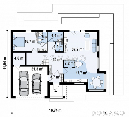 Проект красивого одноэтажного дома с мансардным этажом из кирпича со стеклянным угловым эркером и гаражом на два автомобиля  / План 1 этажа