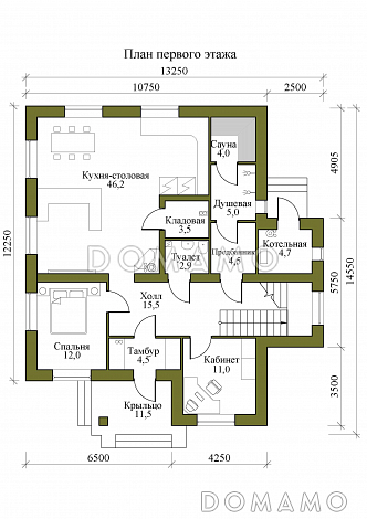 Проект двухэтажного дома с сауной и пятью спальнями / План 1 этажа