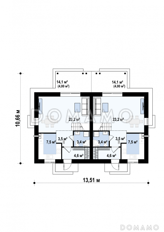 Проект двухсемейного дома из газобетона с тремя спальнями на мансарде / План 1 этажа