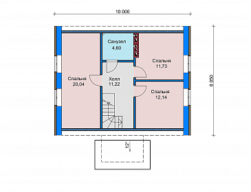 Проект загородного дома с небольшой верандой, спальней на первом этаже, совмещенной кухней-столовой / План мансардного этажа