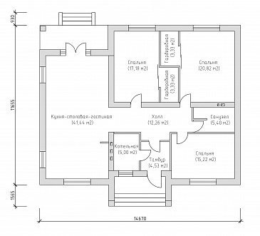 Проект компактного одноэтажного дома с тремя спальнями и большой гостиной по технологии ЛСТК / План 1 этажа