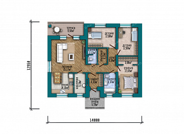 Проект квадратного одноэтажного дома с отделкой декоративной штукатуркой, террасой под общей вальмовой крышей и большой совмещенной кухней-гостиной / План 1 этажа