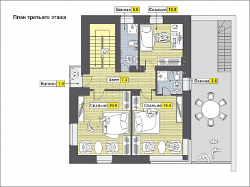 Проект загородного дома с навесом на две машины, крытой террасой, техническими помещениями на первом этаже / План 3 этажа