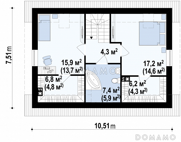 Проект простого одноэтажного мансардного дома из газобетона с тремя спальнями и индивидуальными гардеробными  / План мансардного этажа
