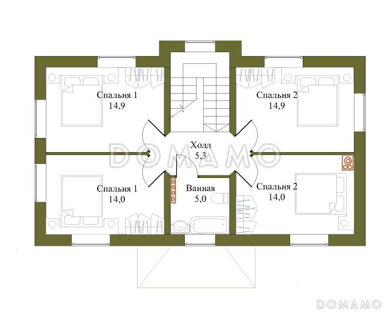 Проект компактного двухэтажного коттеджа с пятью спальнями / План 2 этажа
