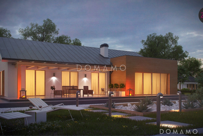 Проект просторного одноэтажного дома из кирпича с тремя спальнями и пристроенным гаражом на два автомобиля