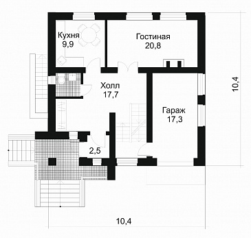 Проект дома из кирпича с небольшой кухней / План 1 этажа