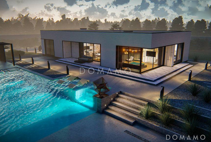 Проект одноэтажного дома из газобетона с просторной гостиной, мастер-спальней и гаражом на 2 машины