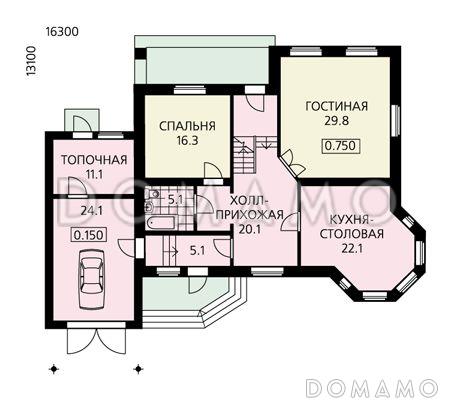 Проект дома из пеноблоков с мансардой, гаражом для одной машины / План 1 этажа