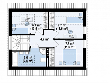 Проект компактного одноэтажного мансардного дома из газобетона с дополнительной спальней на первом этаже и тремя спальнями на мансарде / План мансардного этажа