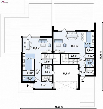 Проект современного комфортного двухэтажного дома из газобетона для двух семей с общим гаражом / План 1 этажа