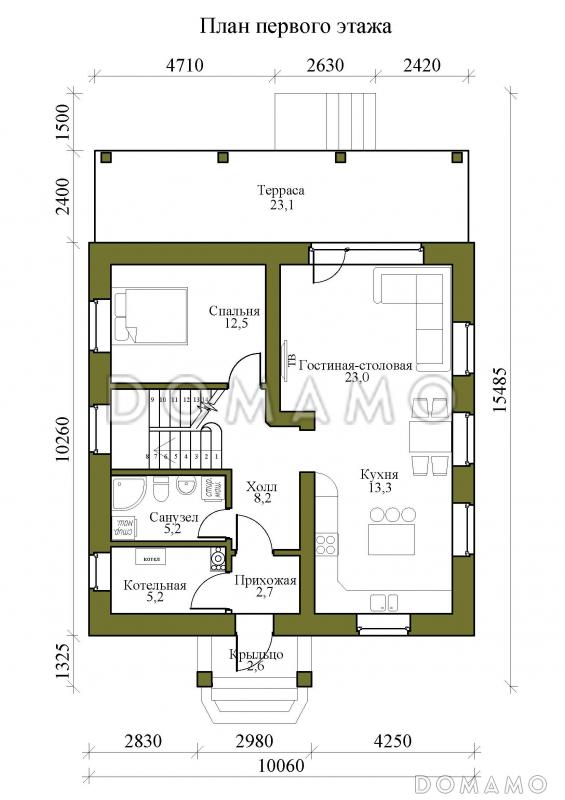 Проект двухэтажного дома с просторными террасой и гостиной-столовой / План 1 этажа