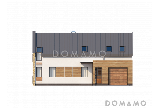 Проект современного мансардного дома из кирпича с пятью комнатами и гаражом / Фасад 1