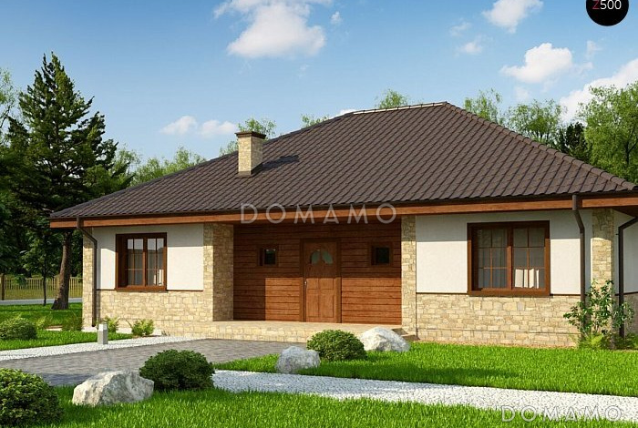 Проект одноэтажного дома с гардеробной в прихожей, просторной гостиной,  тремя спальнями, террасой