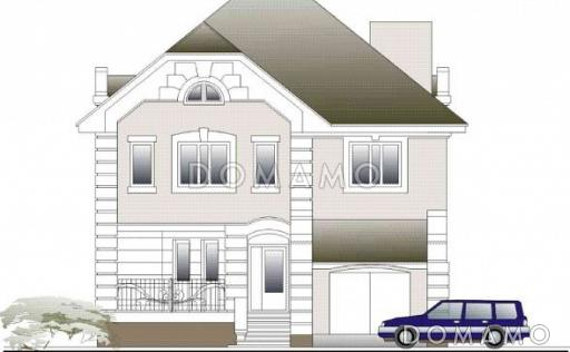 Проект дома с просторной гостиной, небольшой крытой террасой и гаражом / Фасад 2