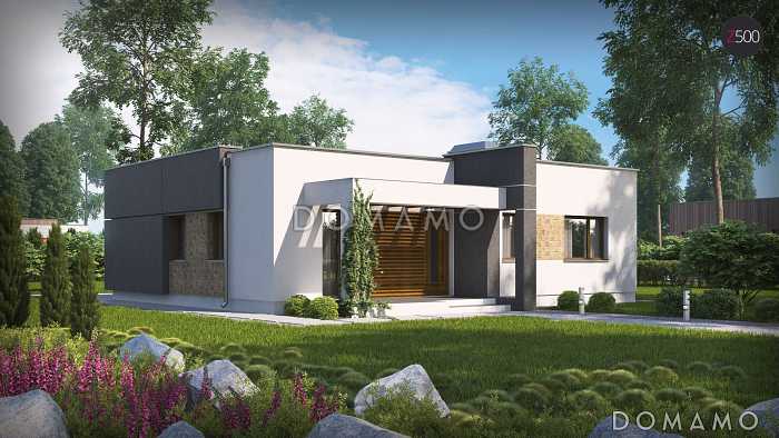 Проект небольшого современного одноэтажного дома из кирпича с двумя спальнями и красивой террасой