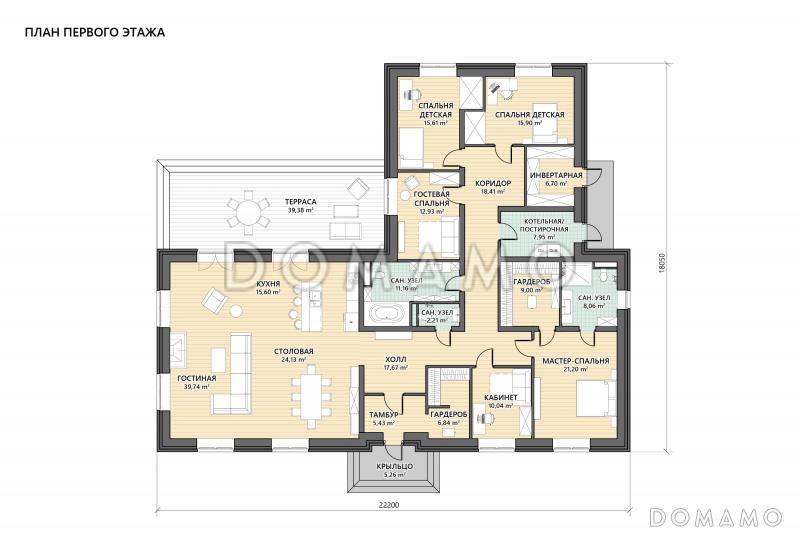 Проект дома с 4 спальнями, кабинетом и просторной дневной зоной с террасой / План 1 этажа