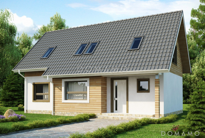 Проект загородного дома с камином в гостиной, террасой, кладовой под лестницей