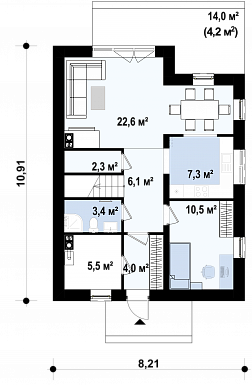 Проект компактного одноэтажного мансардного дома из газобетона с тремя спальнями и кабинетом / План 1 этажа