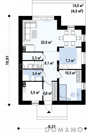 Проект компактного одноэтажного мансардного дома из газобетона с тремя спальнями и кабинетом / План 1 этажа