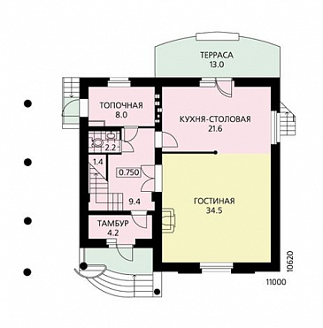 Проект дома из пеноблоков с элементами модерна, рациональной планировкой, большой гостиной на первом этаже / План 1 этажа