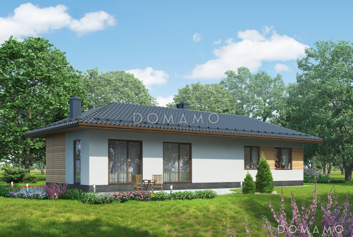 Проект одноэтажного дома из SIP панелей с большими окнами в гостиной