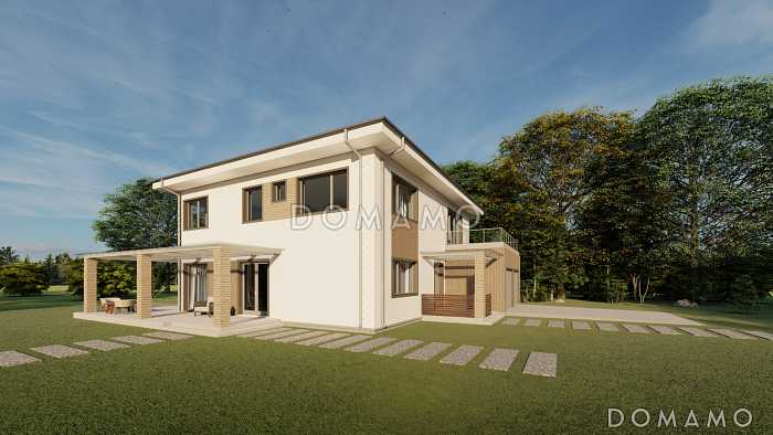 Проект двухэтажного дома с крытой террасой на первом и открытой террасой на втором этажах