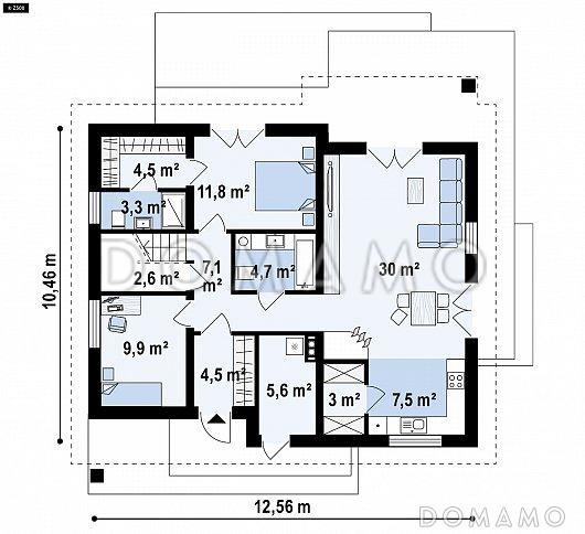 Проект одноэтажного дома с обустроенной мансардой из кирпича с пятью спальнями / План 1 этажа